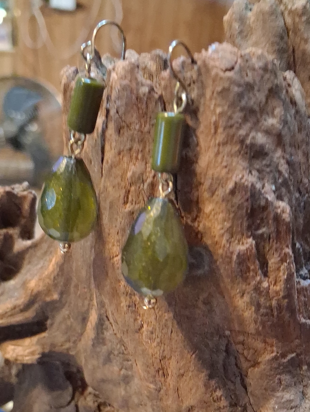 Vintage Olive Green Faceted Glass Drop Earrings - Women Jewelry